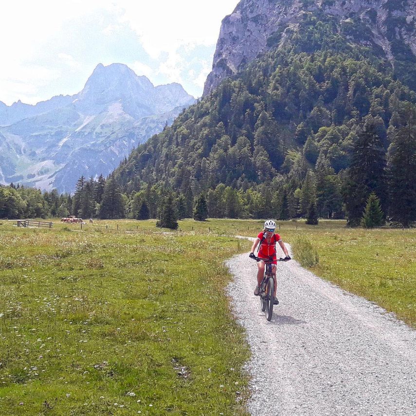 Mountainbikerin auf Schotterweg durch Almwiesen mit Bergpanorama in Tirol