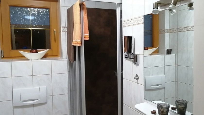 Badezimmer mit Dusche, Waschbecken und WC im Appartement Feldalphorn