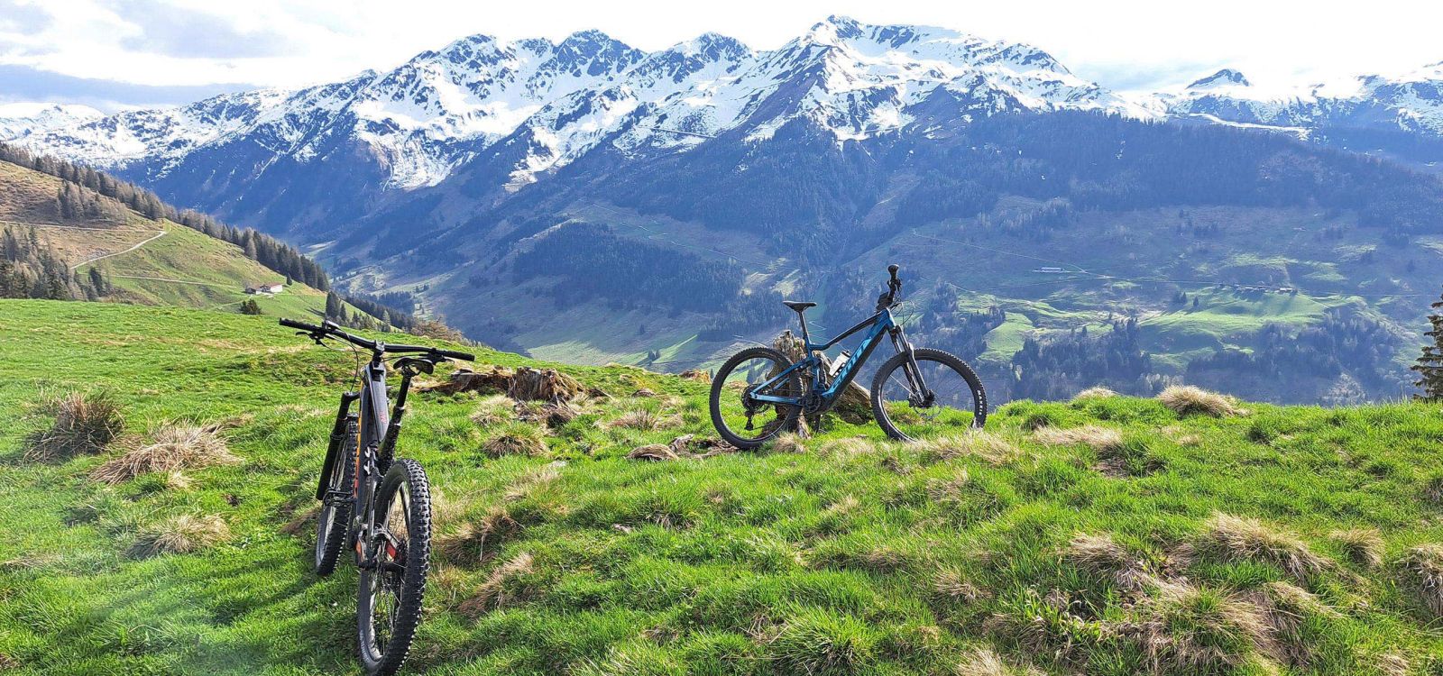 E-Bikes auf einer Almwiese mit Blick auf die Berge der Wildschönau
